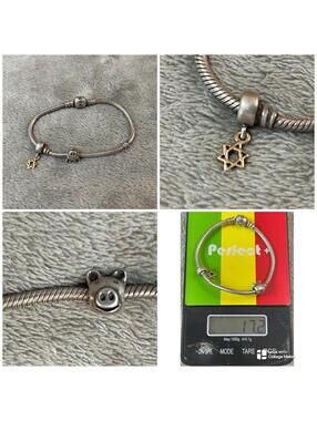 Pandora Moments Sterling Silver Barrel Clasp Snake Chain Bracelet 7” Two Charms